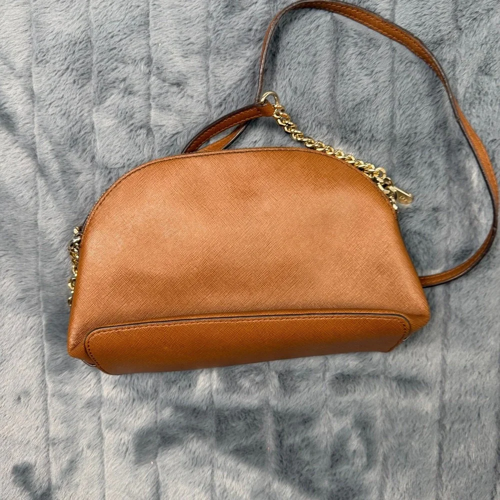 Michael Kors Cindy Dome Crossbody Bag Tan Acorn Saffiano Leather Gold Chain